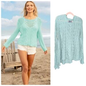 Wooden Ships Pointelle Knit Mohair/Acrylic/Wool Blend Sweater High Low Hem M/L